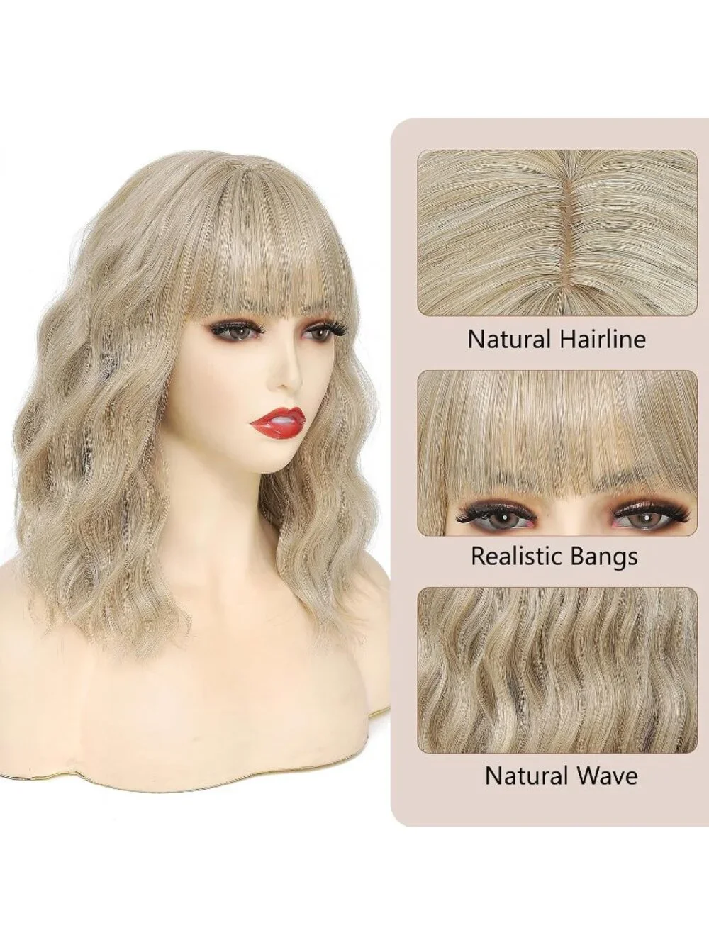 Women's Mix Blonde 14 Inch Heat Resistant Short Wavy Hair Pastel Bob Wig Bangs